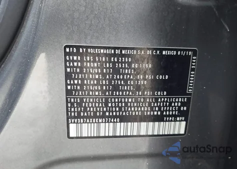 2019 Volkswagen Tiguan 2.0T Se/2.0T Sel/2.0T Sel R-Line/2.0T Sel R-Line Black from USA, damaged, VIN 3VV3B7AX8KM077440